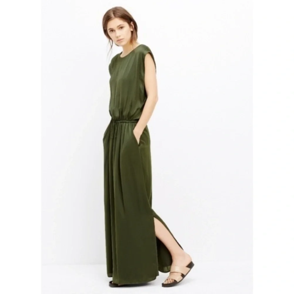 Vince Satin Drawstring Waist Maxi Dress Green